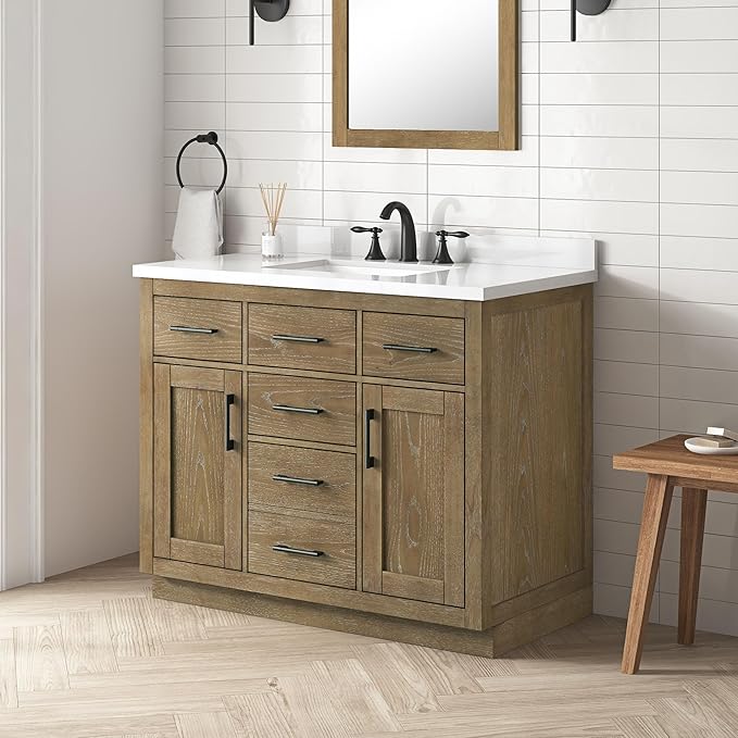 OVE Decors Bailey 42 in. Single Sink Freestanding Driftwood Oak Bathroom Vanity with White Quartz Top, Matching Backsplash and Power Bar