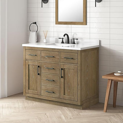 OVE Decors Bailey 42 in. Single Sink Freestanding Driftwood Oak Bathroom Vanity with White Quartz Top, Matching Backsplash and Power Bar