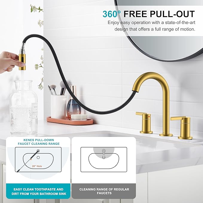 KENES Brushed Gold Pull Down Bathroom Faucet, 8 Inch 2 Handle Widespread Bathroom Faucet 3 Hole with Pull Out Sprayer, Bathroom Sink Faucet with Pop Up Drain & Supply Lines LJ-9068-4