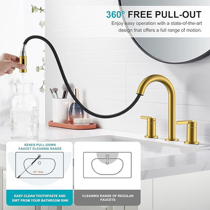 KENES Brushed Gold Pull Down Bathroom Faucet, 8 Inch 2 Handle Widespread Bathroom Faucet 3 Hole with Pull Out Sprayer, Bathroom Sink Faucet with Pop Up Drain & Supply Lines LJ-9068-4