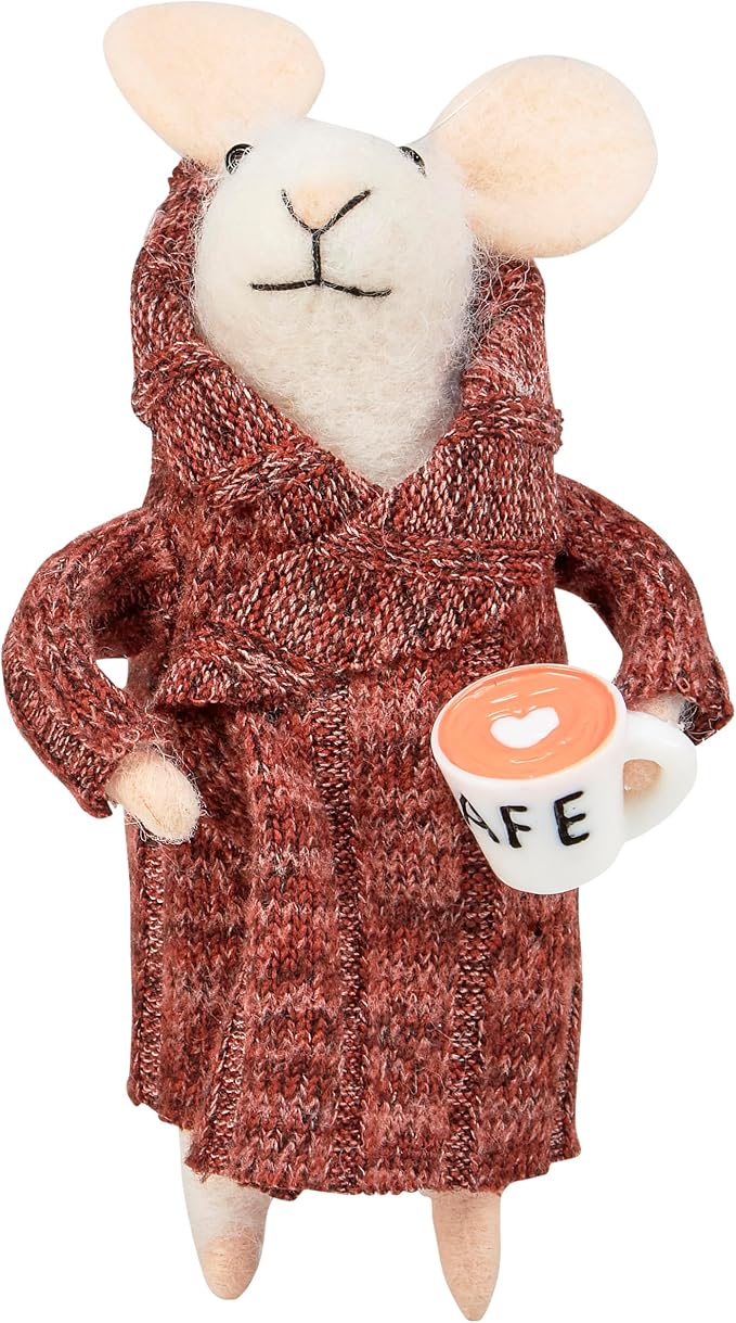 Primitives by Kathy Houserobe Mouse Collectible Felt Critter, 4.75-inch, Wearing Knitted houserobe, Heart Foam Latte Display with Our Other Bathroom Inspired Figures, Everyday Home Accent or Spa Gift