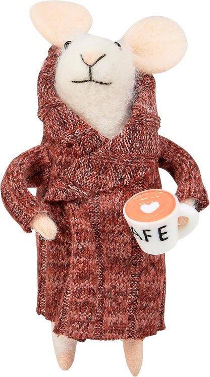 Primitives by Kathy Houserobe Mouse Collectible Felt Critter, 4.75-inch, Wearing Knitted houserobe, Heart Foam Latte Display with Our Other Bathroom Inspired Figures, Everyday Home Accent or Spa Gift