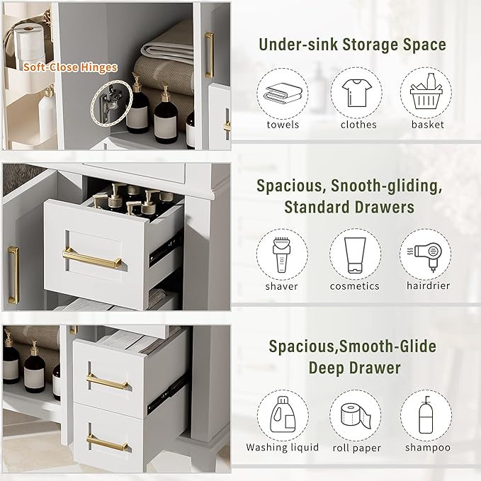Favfurish 30" Bathroom Vanity with Ceramic Sink, Modern Storage Cabinet with Soft-Close Doors,Deep Drawer & Standard Drawer, Stylish Bath Vanity for Small Bathroom,Easy Assembly,White