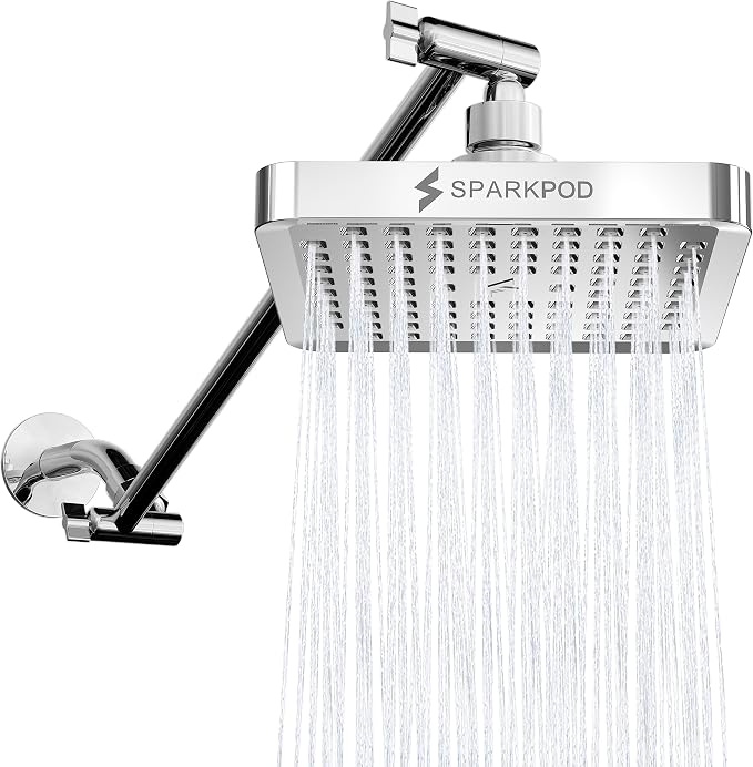 SparkPod 6" Square Rain Shower Head with 16" Shower Arm | Shower Head & Extension Arm Combo, Height Adjustable, High Pressure Performance, Easy 1-Minute Installation, Polished Chrome