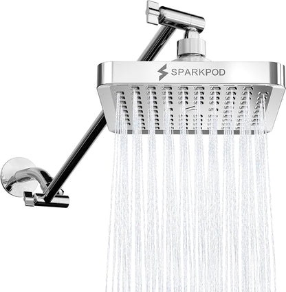 SparkPod 6" Square Rain Shower Head with 16" Shower Arm | Shower Head & Extension Arm Combo, Height Adjustable, High Pressure Performance, Easy 1-Minute Installation, Polished Chrome