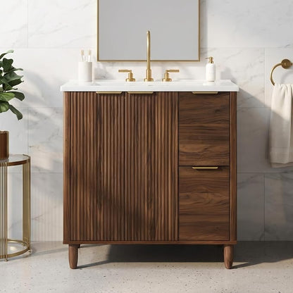 30 Inch Mid-Century Bathroom Vanity with SMC Sink (Walnut Style3, 30") | Dual Drawers & Fluted Soft-Closing Doors, Walnut Vanity Cabinet with Adjustable Shelf, Gold L-Shaped Handles, Solid Wood Legs