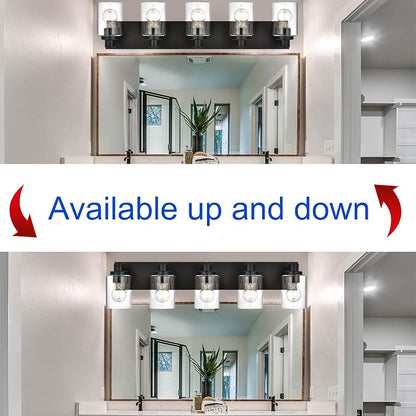 5 Light Bathroom Vanity Lights, Bathroom Lighting Fixtures over Mirror with Clear Glass Shades, Black Vanity Light For Bathoom, Modern Wall Sconces Vanity Lighting Fixture for Bathroom Hallway