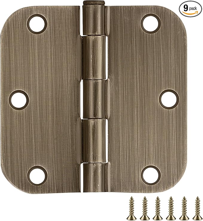 Design House Door Hinge, 3.5 in x 3.5 in, 5/8 in Radius, Interior, Rounded Steel, Removable Pin, Pre-Lubricated, Easy to Install, Antique Brass Finish, 9 Pack, 189811