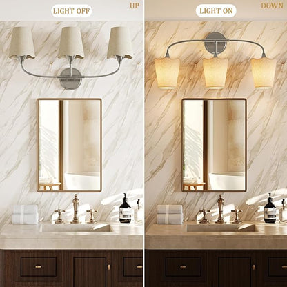 Morauroral Bathroom Light Fixtures Over Mirror, 3 Light Vanity Light for Bathroom, Brushed Nickel Vanity Light Fixtures with Fabric Linen Shade, E26 Socket Sconce Wall Decor(ETL Listed)