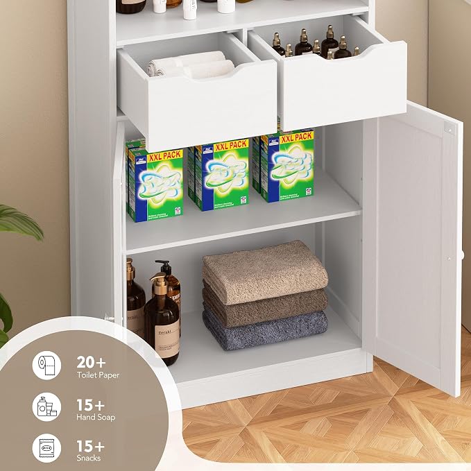 Walsunny Floor Storage Cabinet, Organizer with Doors and Drawers, Freestanding Side Cupboard Pantry with Adjustable Shelf for Bathroom/Living Room, White