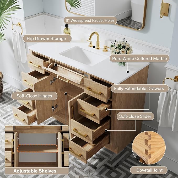 48-Inch Bathroom Vanity with Sink W/ 2 Doors & 8 Drawers & 1 Flip Drawer, Oak Vanity W/Brushed Gold Handles