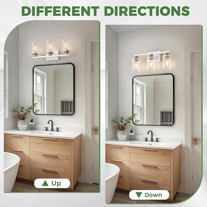 DORESshop 17 Inch 3-Light White Gold Bathroom Vanity Light | Modern White Vanity Light Fixture, Clear Glass Shade Bathroom Wall Light, Mirror Lighting for Bedroom Living Room