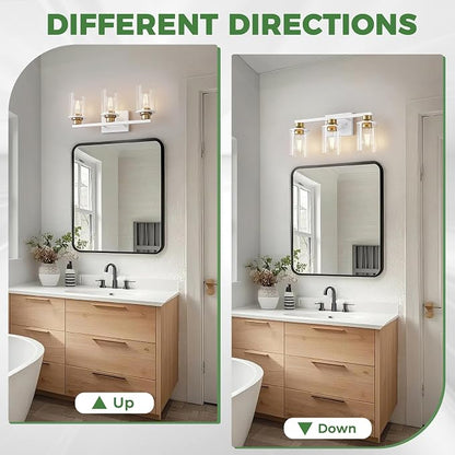 DORESshop 17 Inch 3-Light White Gold Bathroom Vanity Light | Modern White Vanity Light Fixture, Clear Glass Shade Bathroom Wall Light, Mirror Lighting for Bedroom Living Room