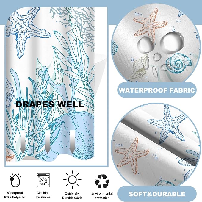 No Hook Shower Curtain and Liner Set, Orange Beach Coastal 71x74 | Nautical Ocean for Bathroom, with Snap in Liner Replacement, Mesh Top Window, Waterproof, Machine Washable, Quick-Drying