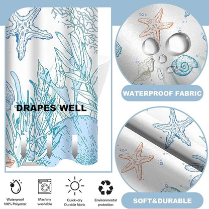 No Hook Shower Curtain and Liner Set, Orange Beach Coastal 71x74 | Nautical Ocean for Bathroom, with Snap in Liner Replacement, Mesh Top Window, Waterproof, Machine Washable, Quick-Drying