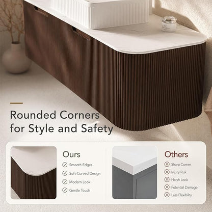 48 Inch Bathroom Vanity with Sink, Floating Wall Mounted Single Sink Vanity, Dark Walnut Curved Fluted Front, Stone Top, White Textured Rectangular Vessel Basin, Pre-Assembled