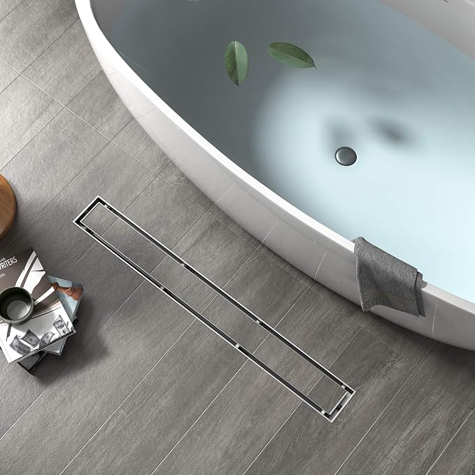 YEFU Shower Drain 24 Inch, 2-in-1 Linear Shower Drain for Bathroom Toilet | Tile Insert Grate, Anti-Corrosion, 304 Stainless Steel, Shower Floor Drain with Hair Catcher, Linear Drain with Fast Drainage