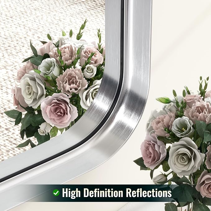 Easly 48 x 30 Inch Silver Bathroom Mirror, Rectangular Wall Mounted Shatterproof Mirror, Aluminum Alloy Frame with Rounded Corners, Horizontal or Vertical for Farmhouse Decor