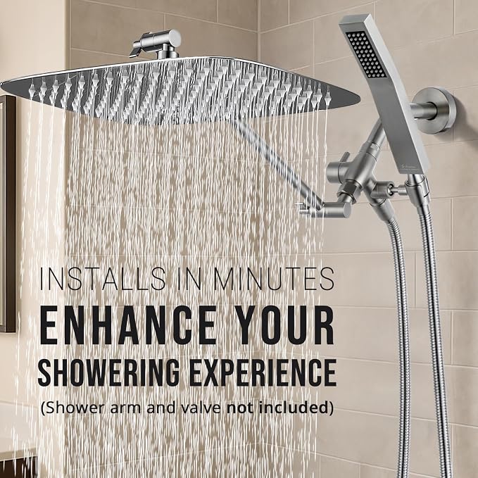 G-Promise All Metal 16" Rain Shower Head with Handheld for Bathroom Upgrade | All Metal, Built to Last, Easy Install, Adjustable Height & Angle for All Heights, Extra Long Hose, Modern Upgrade