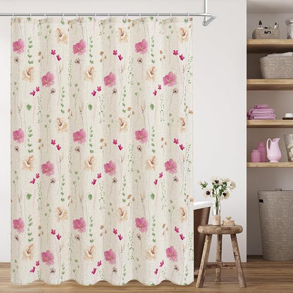 Pink Green Linen Watercolor Floral Fabric Shower Curtain, 72x72 | Linen Fabric, Modern Minimalist Floral Print, Machine Washable, Rustproof Grommets, for Bathroom Home