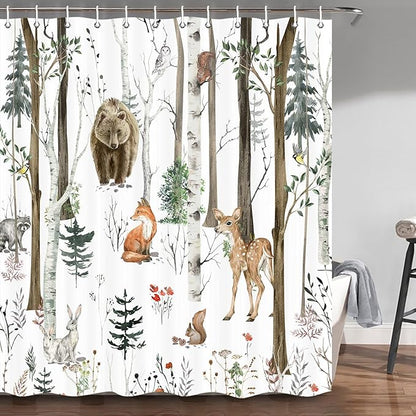 JAWO Rustic Forest Shower Curtain for Bathroom, Country Hunting Bear Deer Wild Animals Farmhouse Camper RV Shower Curtains, Cabin Nature Spring Bathroom Set with Hooks, 72X72 Inch