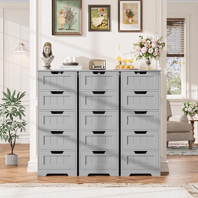 FOTOSOK Bathroom Cabinet, Bathroom Storage Cabinet with 5 Drawers, Grey | Narrow Bathroom Storage with Cut-Out Handles, 11.8” x 15.7” x 40.1”, Slim & Small Floor Cabinet for Laundry/Hallway