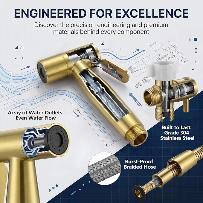TRIPHIL Handheld Bidet Sprayer for Toilet, Adjustable Water Pressure Jet Bidet Attachment with Leak-Proof 304 Stainless Steel T-Valve for Bathroom Cleaning, Cloth Diaper/Feminine Wash, Brushed Gold