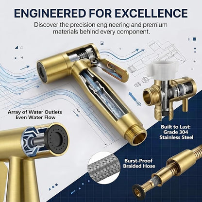 TRIPHIL Handheld Bidet Sprayer for Toilet, Adjustable Water Pressure Jet Bidet Attachment with Leak-Proof 304 Stainless Steel T-Valve for Bathroom Cleaning, Cloth Diaper/Feminine Wash, Brushed Gold