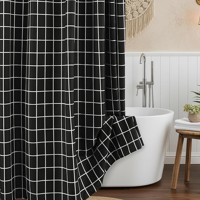 Black Farmhouse Shower Curtain-Fabric Extra Long Shower Curtains Bathroom | 72"Wx84"L Faux Linen Grid Minimalist Simple Rustic Neutral Shower Curtain Decor-Cloth Geometric Plaid Washable Hotel Quality