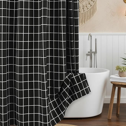 Black Farmhouse Shower Curtain-Fabric Extra Long Shower Curtains Bathroom | 72"Wx84"L Faux Linen Grid Minimalist Simple Rustic Neutral Shower Curtain Decor-Cloth Geometric Plaid Washable Hotel Quality