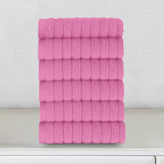 Elegant Comfort 100% Turkish Cotton Corduroy Ribbed Luxury Washcloths 6 Pack Soft 13 x 13 Inch - Higly Absorbent, Durable, Quick Dry, Spa Premium Hotel Quality for Bathroom or Travel, Light Pink