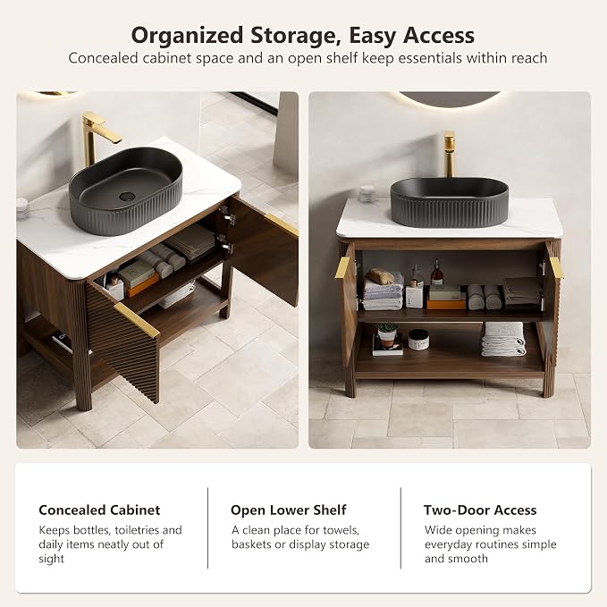 Yayzy 36 Inch Bathroom Vanity with Sink, Freestanding Dark Walnut Bathroom Cabinet, Matte Black Oval Vessel Sink, Carrara White Sintered Stone Countertop, Soft Close Doors, Open Storage Shelf