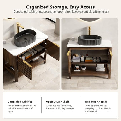 Yayzy 36 Inch Bathroom Vanity with Sink, Freestanding Dark Walnut Bathroom Cabinet, Matte Black Oval Vessel Sink, Carrara White Sintered Stone Countertop, Soft Close Doors, Open Storage Shelf