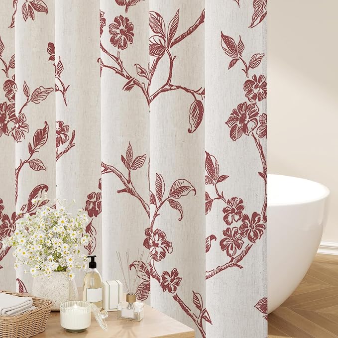 MitoVilla Burgundy Linen Floral Shower Curtain for Bathroom, 72 x 72 | Burgundy BoHo Cottagecore Spring Shower Curtains, Modern Farmhouse Country Plant Leaves Bathroom Décor, 72 x 72