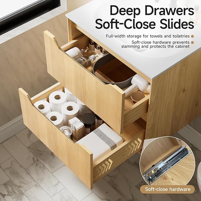 32" Japandi Floating Bathroom Vanity with Sink, Pre-Assembled Natural Oak Multi-Layer Solid Wood Bathroom Sink Vanity, Wall Mounted with Integrated Stone Top and 2 Soft Close Drawers