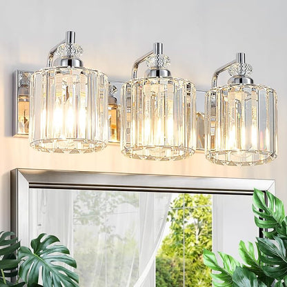3-Light Modern Bathroom Light Fixture Chrome Bathroom Vanity Lights Over Mirror Wall Sconce Lighting with K9 Crystal Shades E26 Base for Bedroom, Living Room, Hallway, Cabinet Wall Lamp