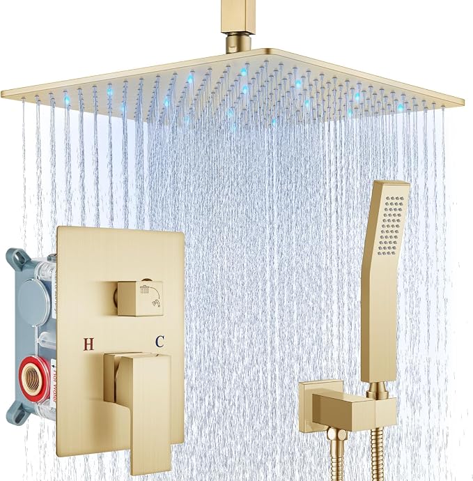 Aolemi Ceiling Shower Faucet Set with Handheld 16" LED Head Brushed Gold | Handheld Spray,16 Inch Rain LED Head,Shower Valve and Trim Kit,All Metal,Ceiling System,Bathroom Mixer