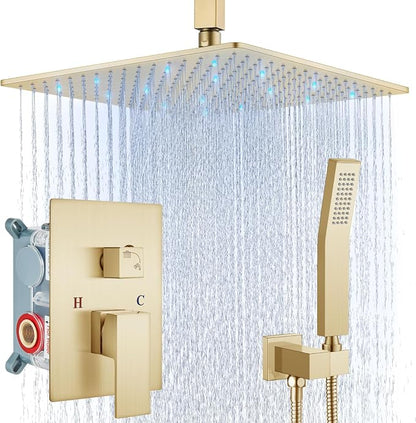 Aolemi Ceiling Shower Faucet Set with Handheld 16" LED Head Brushed Gold | Handheld Spray,16 Inch Rain LED Head,Shower Valve and Trim Kit,All Metal,Ceiling System,Bathroom Mixer