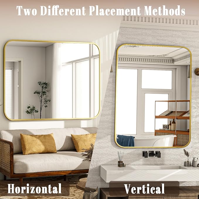 30x40 Inch Gold Bathroom Vanity Mirror for Over Sink | Rectangle Wall Mirror for Bathroom with Round Corner, Hangs Horizontally Vertically for Living Room, Bedroom as Home Decor