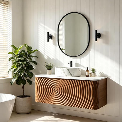 36" Floating Bathroom Vanity with Sink, Mid-Century Wall Mounted Bathroom Vanity Cabinet with Waved Decor, Marble Ceramic Basin, Sintered Stone Top, Soft Close Storage Drawer, Natural