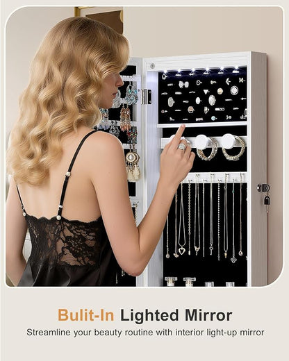 Nicetree 6 LEDs Mirror Jewelry Cabinet, Jewelry Organizer with Full Length Mirror, Wall/Door Mounted Jewelry Organizer, Full Length Mirror with Storge (Textured White)