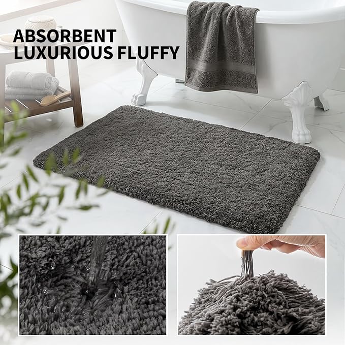 ILANGO Dark Gray Bathroom Rugs 48" × 24" Non Slip & Super Absorbent Extra Thick Soft, Washable Bath Mat for Floor, Microfiber Plush Shaggy Bath Rug with Rubber for Bathtub Shower Room Sink