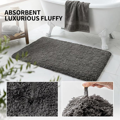 ILANGO Dark Gray Bathroom Rugs 48" × 24" Non Slip & Super Absorbent Extra Thick Soft, Washable Bath Mat for Floor, Microfiber Plush Shaggy Bath Rug with Rubber for Bathtub Shower Room Sink