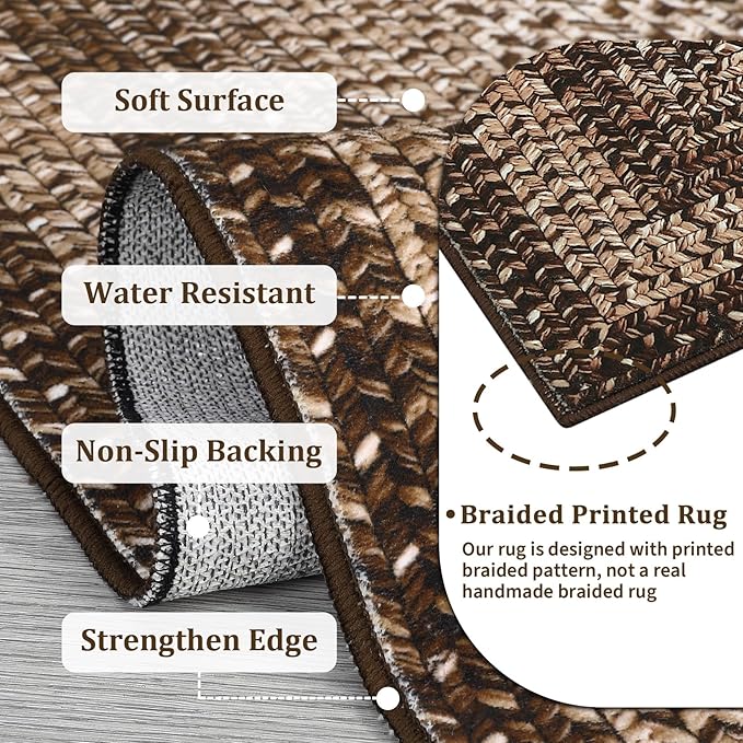 Printed Washable Rug 8x10 Area Rugs for Living Room Modern Bedroom Rug Brown Imitation Braided Large Area Rug Non Slip Throw Rugs Stain Resistant Carpet for Nursery Dining Room 8'x10'