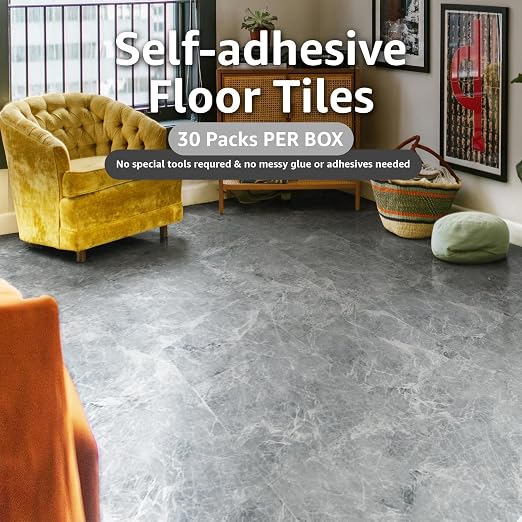 Art3dwallpanels Peel and Stick Floor Tile 30-Pack 12x12 inch Grey Marble | Self Adhesive, Waterproof Vinyl Flooring, Marble Pattern, for Kitchen, Dining Room, Bedrooms, Cover 30 Sq. Ft