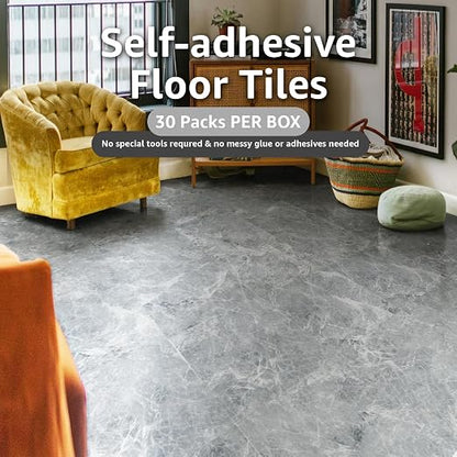 Art3dwallpanels Peel and Stick Floor Tile 30-Pack 12x12 inch Grey Marble | Self Adhesive, Waterproof Vinyl Flooring, Marble Pattern, for Kitchen, Dining Room, Bedrooms, Cover 30 Sq. Ft
