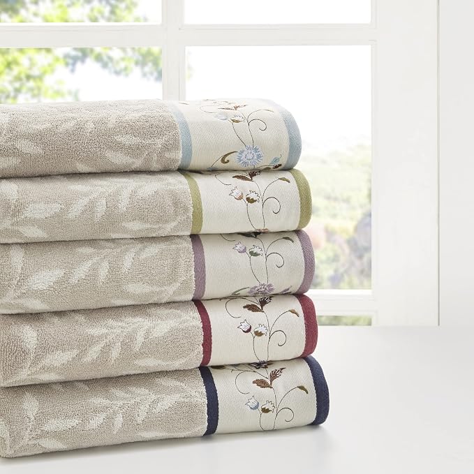 Madison Park Serene 100% Cotton Bath Towel Set Luxurious Floral Decorative Towels for Bathroom Embroidered Cotton Jacquard Design Soft Highly Absorbent for Shower 600 GSM, Multi-Sizes, Blue 6 Piece | Luxurious Floral Decorative Towels for Bathroom, Emb...