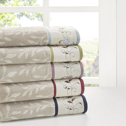 Madison Park Serene 100% Cotton Bath Towel Set Luxurious Floral Decorative Towels for Bathroom Embroidered Cotton Jacquard Design Soft Highly Absorbent for Shower 600 GSM, Multi-Sizes, Blue 6 Piece | Luxurious Floral Decorative Towels for Bathroom, Emb...