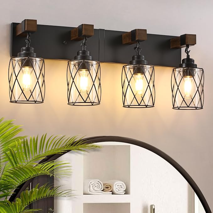 Bathroom Light Fixtures, Farmhouse Black Metal with Glass Shade | 4 Light Rustic Vanity Lights, Wood Accent Wire Cage Design, Mounts Over Mirror, Ideal for Bedroom & Hallway,Easy to Install