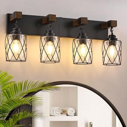 Bathroom Light Fixtures, Farmhouse Black Metal with Glass Shade | 4 Light Rustic Vanity Lights, Wood Accent Wire Cage Design, Mounts Over Mirror, Ideal for Bedroom & Hallway,Easy to Install